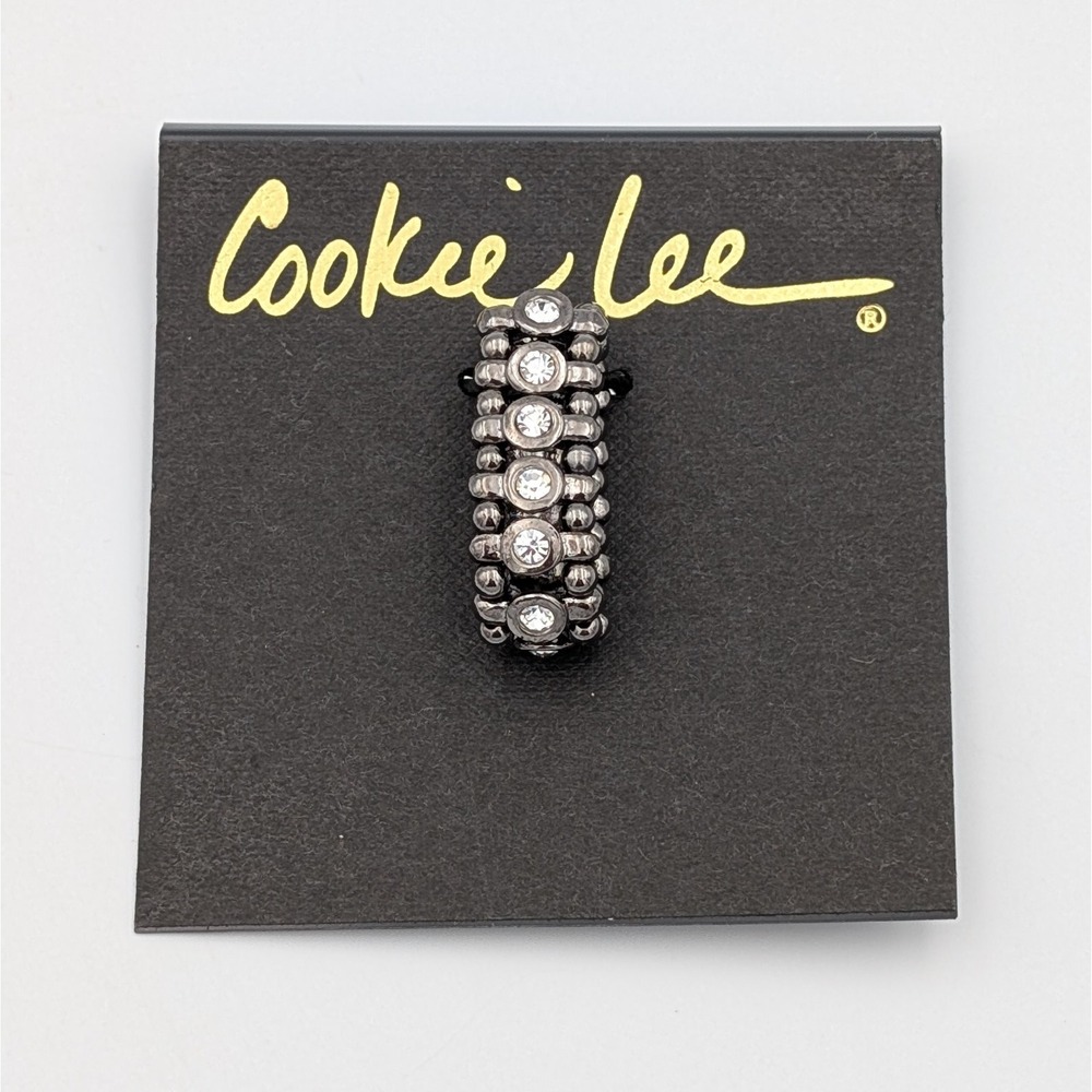 Cookie Lee Genuine Crystal Stretch Ring Gunmetal Beaded Band Rhinestone Silver